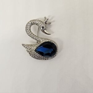 Swan Brooch Pin Blue Clear Crystals Silver Tone Crown